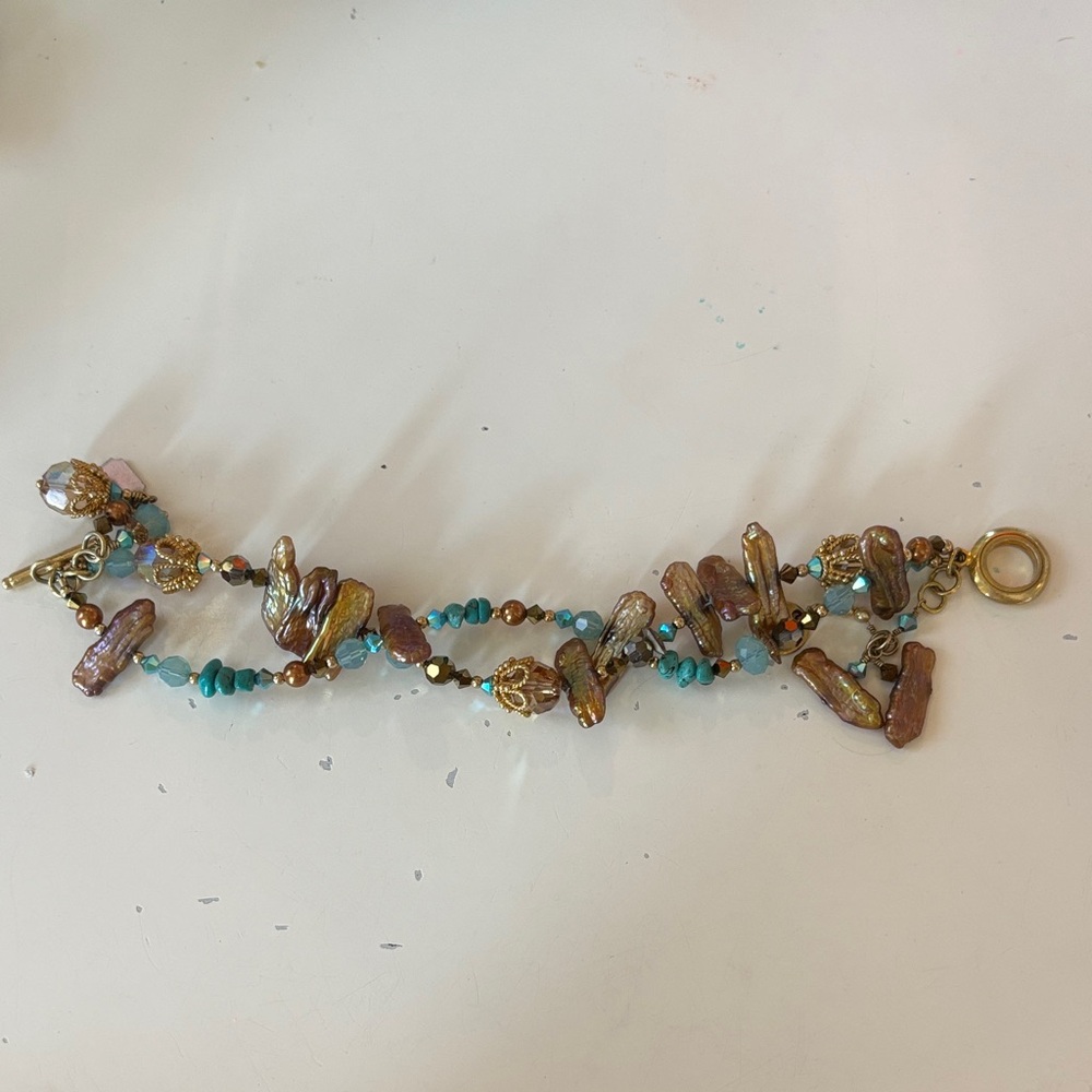 Tres Jolie Gold and Turquoise double strand Beaded Bracelet